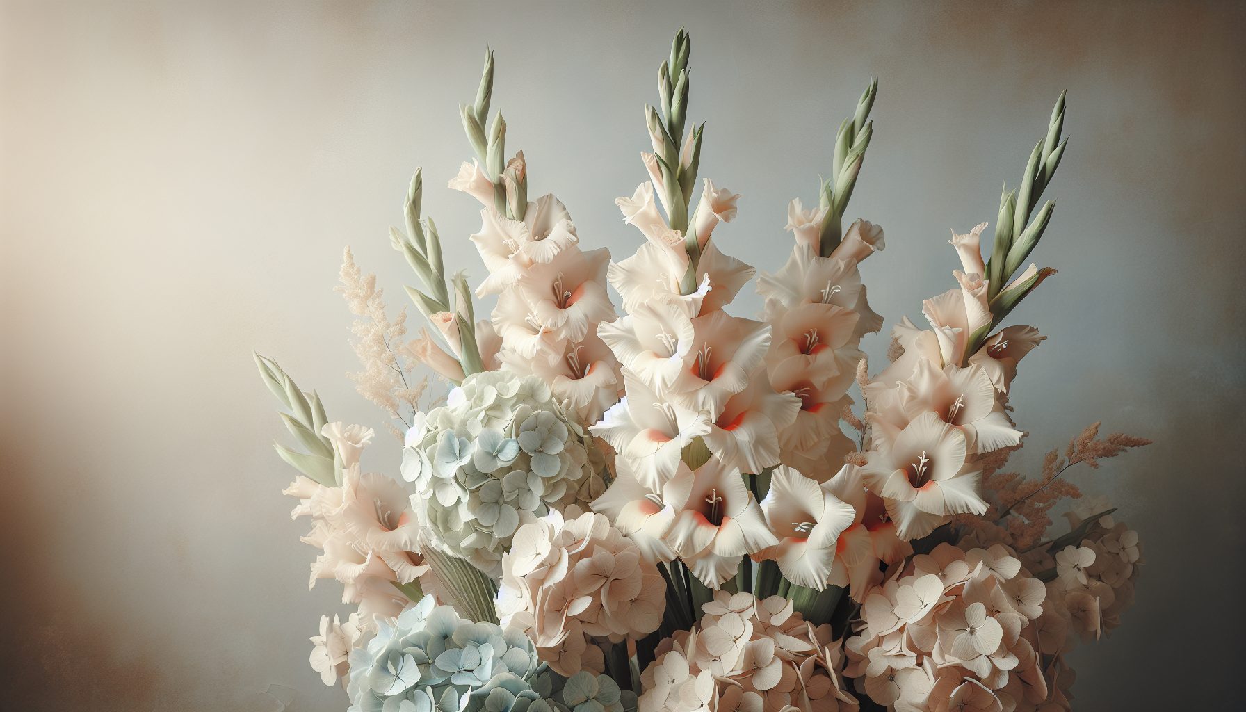 3. Пудровая нежность: гладиолусы и гортензия