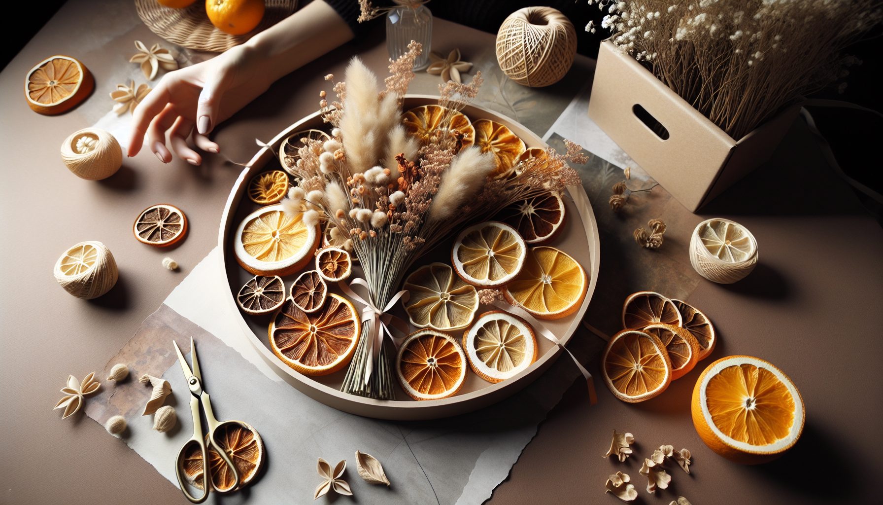 Современные композиции с сухоцветами и цитрусами